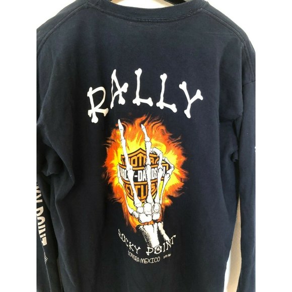 Yazbek Harley Davidson Dark Blue Long Sleeve T Shirt Skeleton Hand Flame Design - Picture 4 of 7